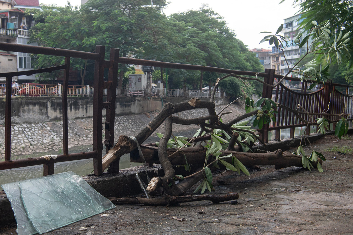 Đi dọc sông Sét, người dân không khó để bắt gặp cảnh lan can gỉ sét, hư hỏng, nghiêng đổ, xuống cấp nghiêm trọng, nhiều đoạn không còn nguyên vẹn. Để tự đảm bảo an toàn, một số người dân đã dùng dây chắn mềm hoặc cành cây che chắn tạm những chỗ lan can bị hư hỏng nhưng lại gây mất mỹ quan đô thị. Đi dọc sông Sét, người dân không khó để bắt gặp cảnh lan can gỉ sét, hư hỏng, nghiêng đổ, xuống cấp nghiêm trọng, nhiều đoạn không còn nguyên vẹn. Để tự đảm bảo an toàn, một số người dân đã dùng dây chắn mềm hoặc cành cây che chắn tạm những chỗ lan can bị hư hỏng nhưng lại gây mất mỹ quan đô thị.