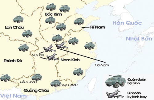Sơ đồ bố trí lực lượng lục quân Trung Quốc. Đồ họa: Hoàng Đình (Thanh Niên) . Sơ đồ bố trí lực lượng lục quân Trung Quốc. Đồ họa: Hoàng Đình (Thanh Niên)