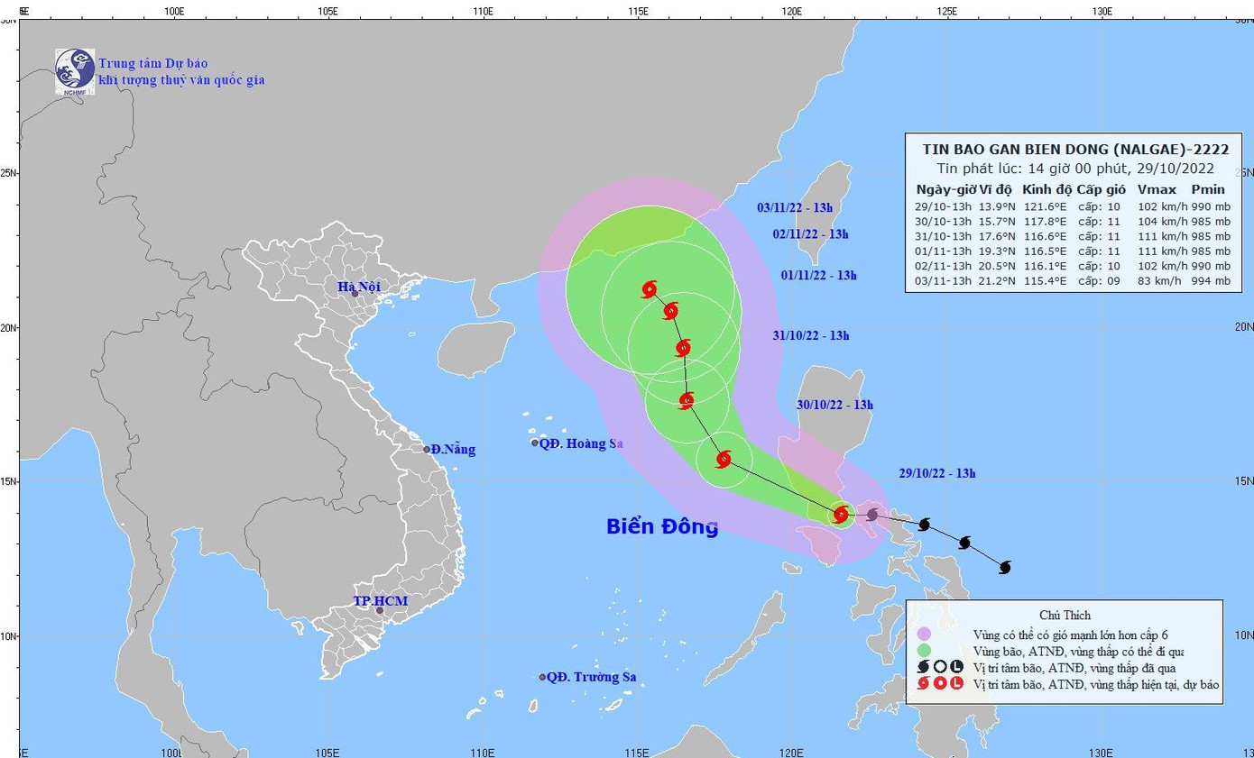 Dự đoán đường đi của bão Nalgae. Ảnh: Trung tâm Dự báo Khí tượng Thuỷ văn Dự đoán đường đi của bão Nalgae. Ảnh: Trung tâm Dự báo Khí tượng Thuỷ văn