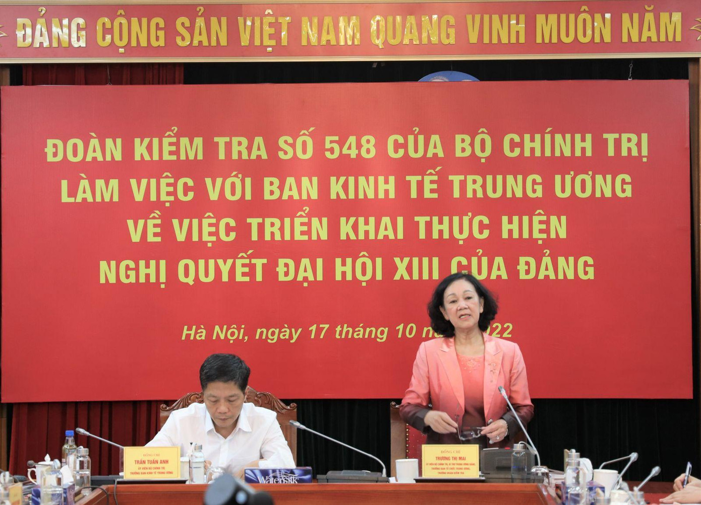 Bà Trương Thị Mai, Ủy viên Bộ Chính trị, Bí thư Trung ương Đảng, Trưởng Ban Tổ chức Trung ương, Trưởng đoàn kiểm tra phát biểu tại buổi làm việc. (Nguồn: Ban Kinh tế Trung ương)