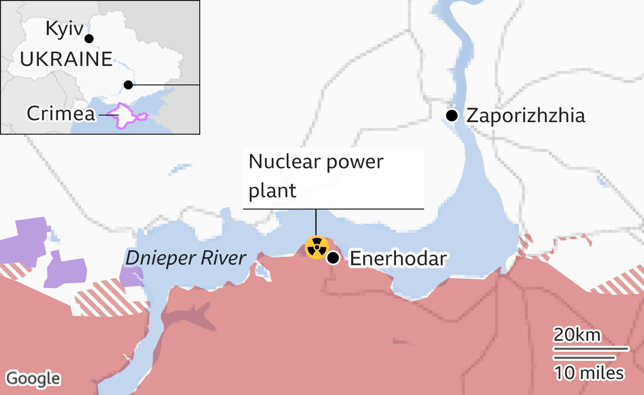 Thành phố Energodar (Enerhodar) và Zaporozhye (Zaporizhzhia) nằm dọc sông Dnepr (Dnieper). Đồ họa: BBC