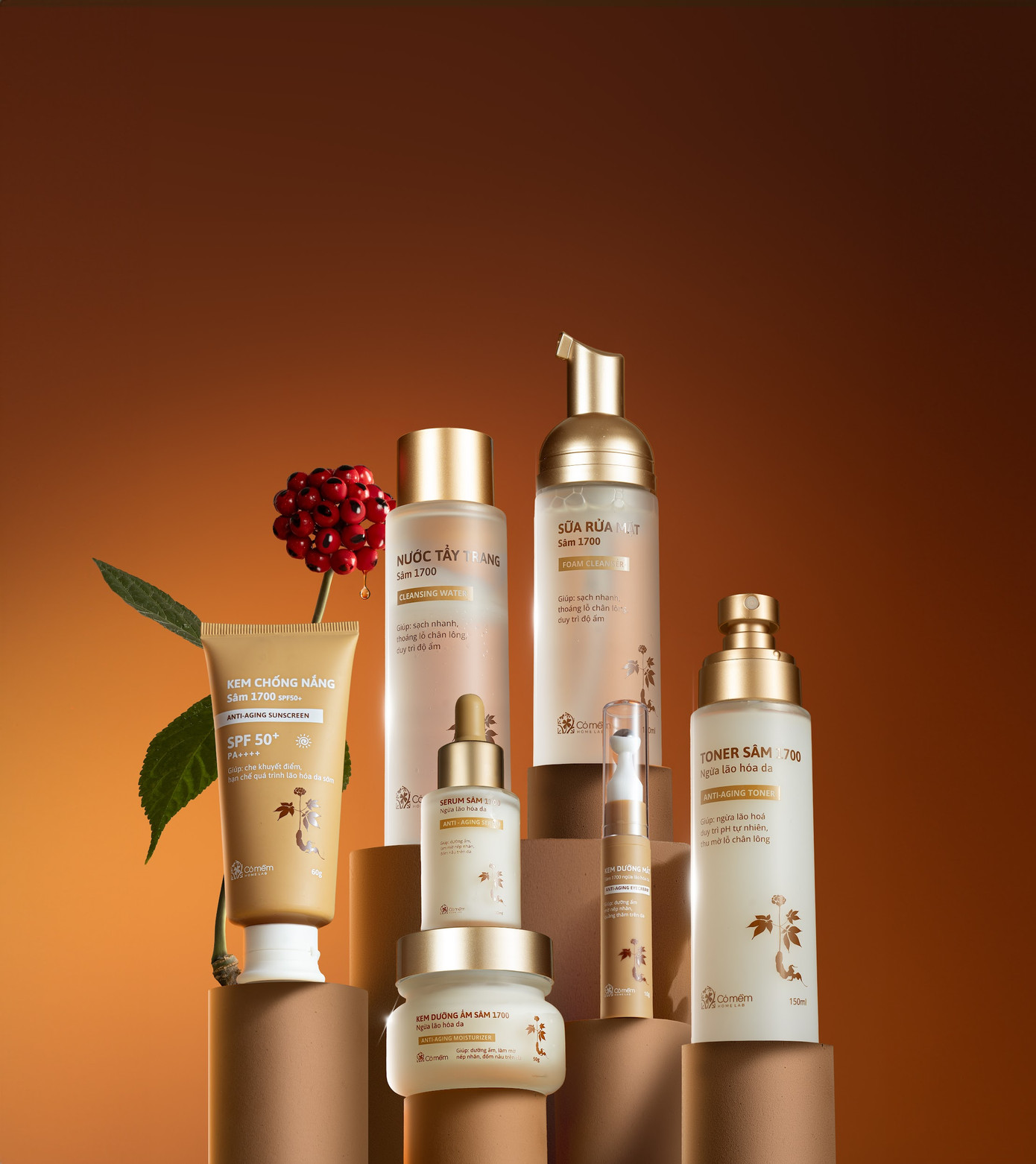 7 trong số 10 sản phẩm của bộ mỹ phẩm Sâm 1700 Cỏ Mềm