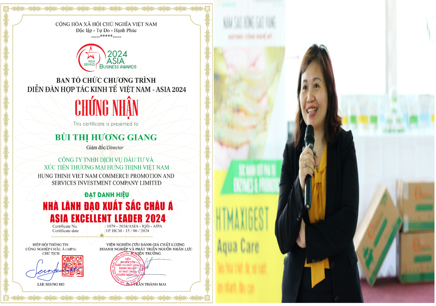 Bà Bùi Thị Hương Giang – Giám đốc Cty TNHH Dịch vụ Đầu tư và Xúc tiến Thương mại Hưng Thịnh Việt Nam được vinh danh “Nhà Lãnh đạo Xuất sắc Châu Á”.