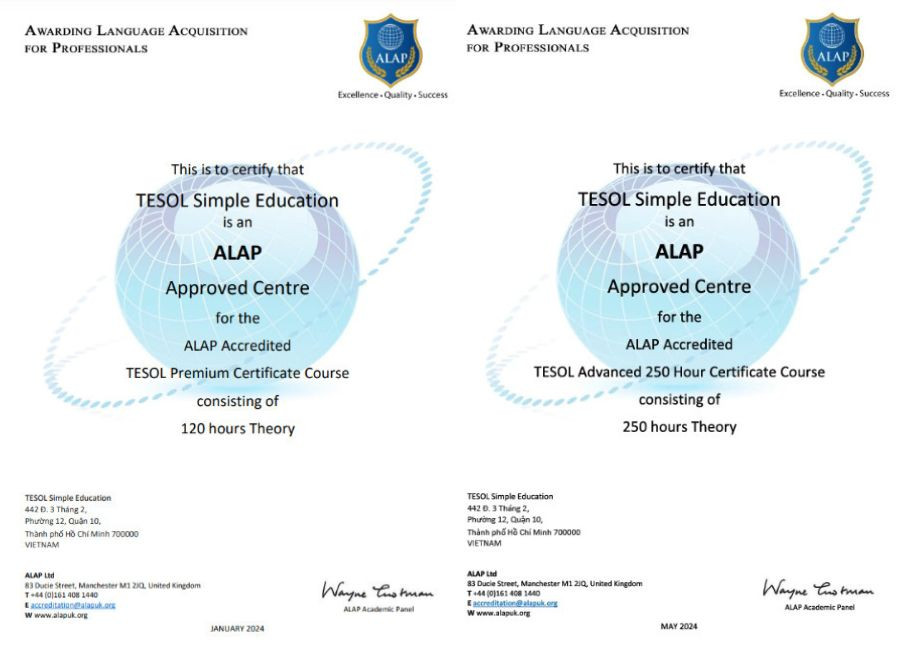 Chứng nhận từ ALAP (Anh Quốc): Khóa TESOL 100 giờ, 120 giờ và 250h giờ tại TSE đạt tiêu chuẩn quốc tế