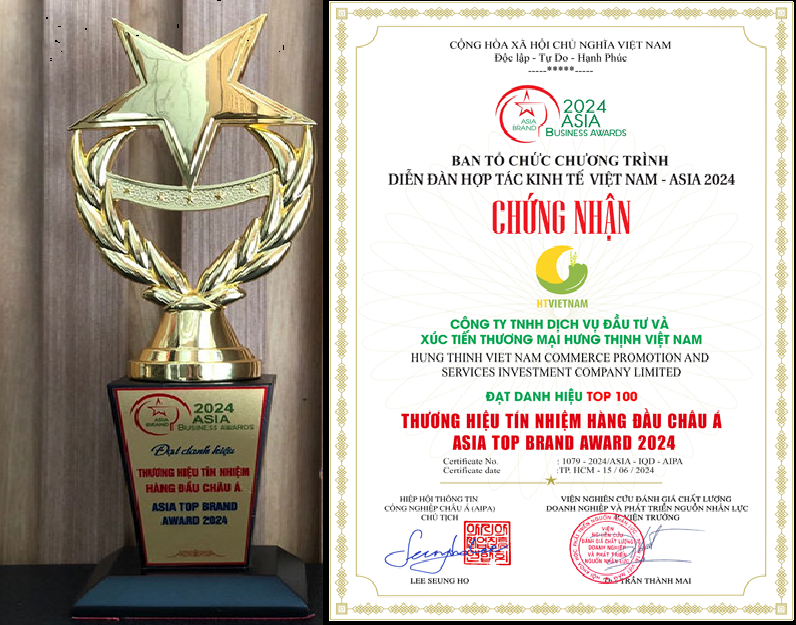 Công ty Cty TNHH Dịch vụ Đầu tư và Xúc tiến Thương mại Hưng Thịnh Việt Nam vinh dự được vinh danh “Top 100 thương hiệu tín nhiệm hàng đầu Châu Á - Asia Top Brand Award”.