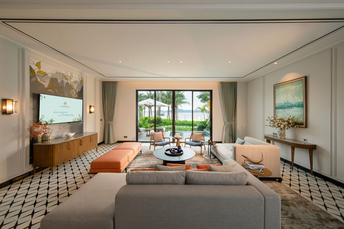 Không gian phòng khách của biệt thự mẫu Lagoon Residences. Ảnh: BIM Land.