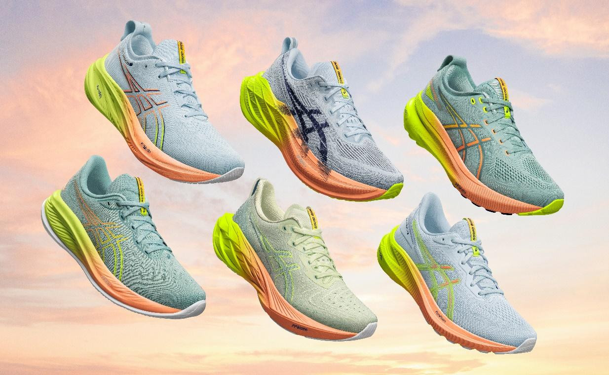 Các dòng giày chạy bộ hiệu suất chuyên dụng của nhà Asics (Hàng trên: GEL-NIMBUS™ 26, SUPERBLAST™ 2, GEL-KAYANO™ 31. Hàng dưới: GEL-CUMULUS™ 26, NOVABLAST™4, GT-1000™ 13)