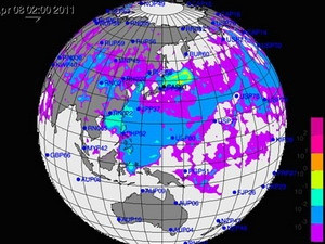 Mô phỏng đám mây phóng xạ vào thời điểm 2 giờ sáng 7-4. Nguồn: Bộ KHCN