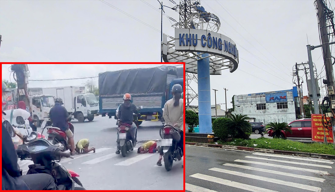 Bất chấp biển báo, những đứa trẻ quỳ rạp xuống đường ở cổng khu công nghiệp Vĩnh Lộc ăn xin. Ảnh: Thuận Nhàn Bất chấp biển báo, những đứa trẻ quỳ rạp xuống đường ở cổng khu công nghiệp Vĩnh Lộc ăn xin. Ảnh: Thuận Nhàn