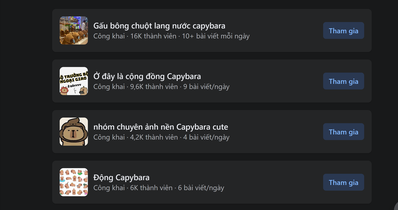 Nhiều hội nhóm về Capybara trên mạng xã hội thu hút hàng nghìn, chục nghìn thành viên.