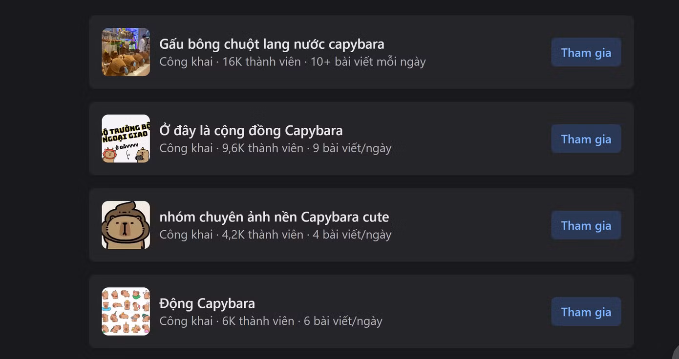 Nhiều hội nhóm về Capybara trên mạng xã hội thu hút hàng nghìn, chục nghìn thành viên. Nhiều hội nhóm về Capybara trên mạng xã hội thu hút hàng nghìn, chục nghìn thành viên.