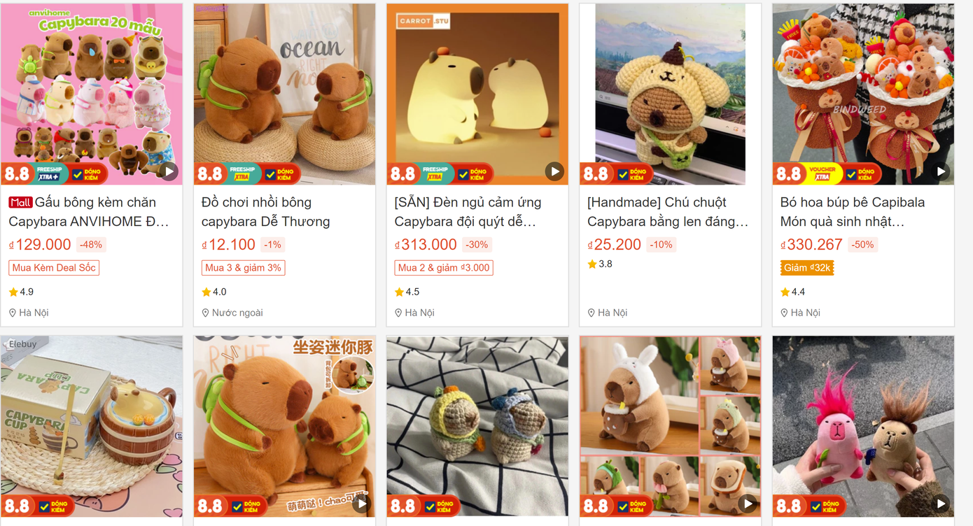 Sàn thương mại điện tử bày bán nhiều sản phẩm liên quan đến Capybara.