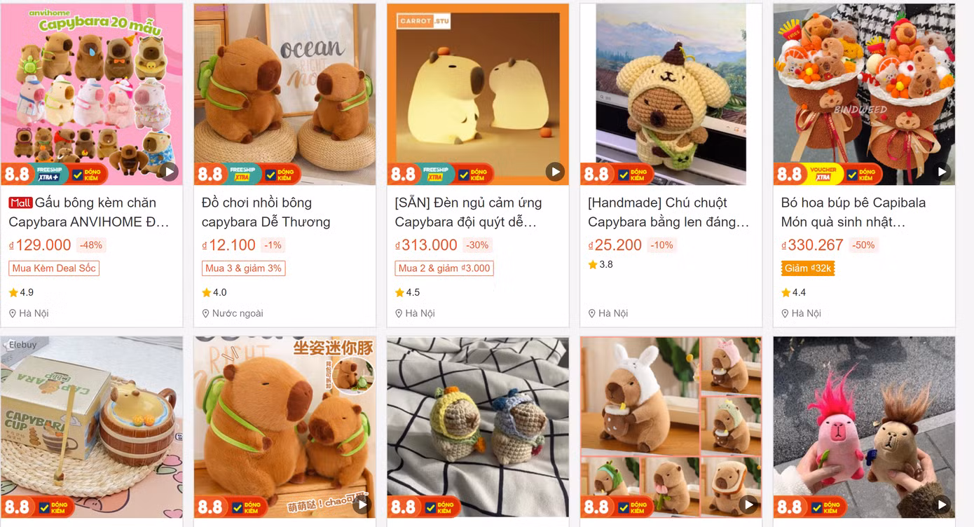 Sàn thương mại điện tử bày bán nhiều sản phẩm liên quan đến Capybara. Sàn thương mại điện tử bày bán nhiều sản phẩm liên quan đến Capybara.