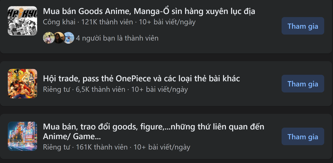 Những hội nhóm trao đổi hàng hóa anime thu hút hàng trăm nghìn thành viên. (Ảnh chụp màn hình) Những hội nhóm trao đổi hàng hóa anime thu hút hàng trăm nghìn thành viên. (Ảnh chụp màn hình)