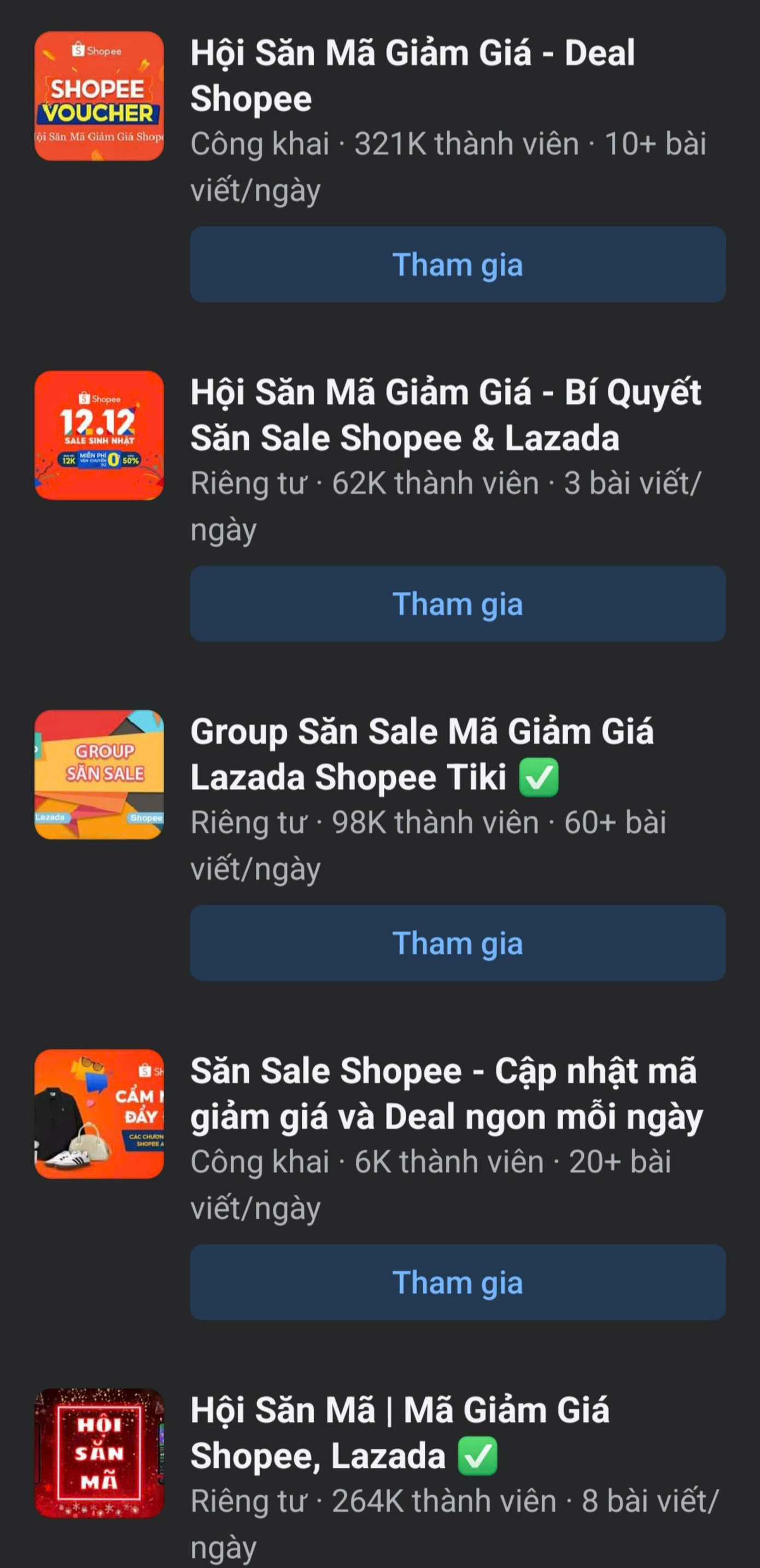 Hàng loạt những hội nhóm săn sale có mặt trên Facebook. (Ảnh chụp màn hình)