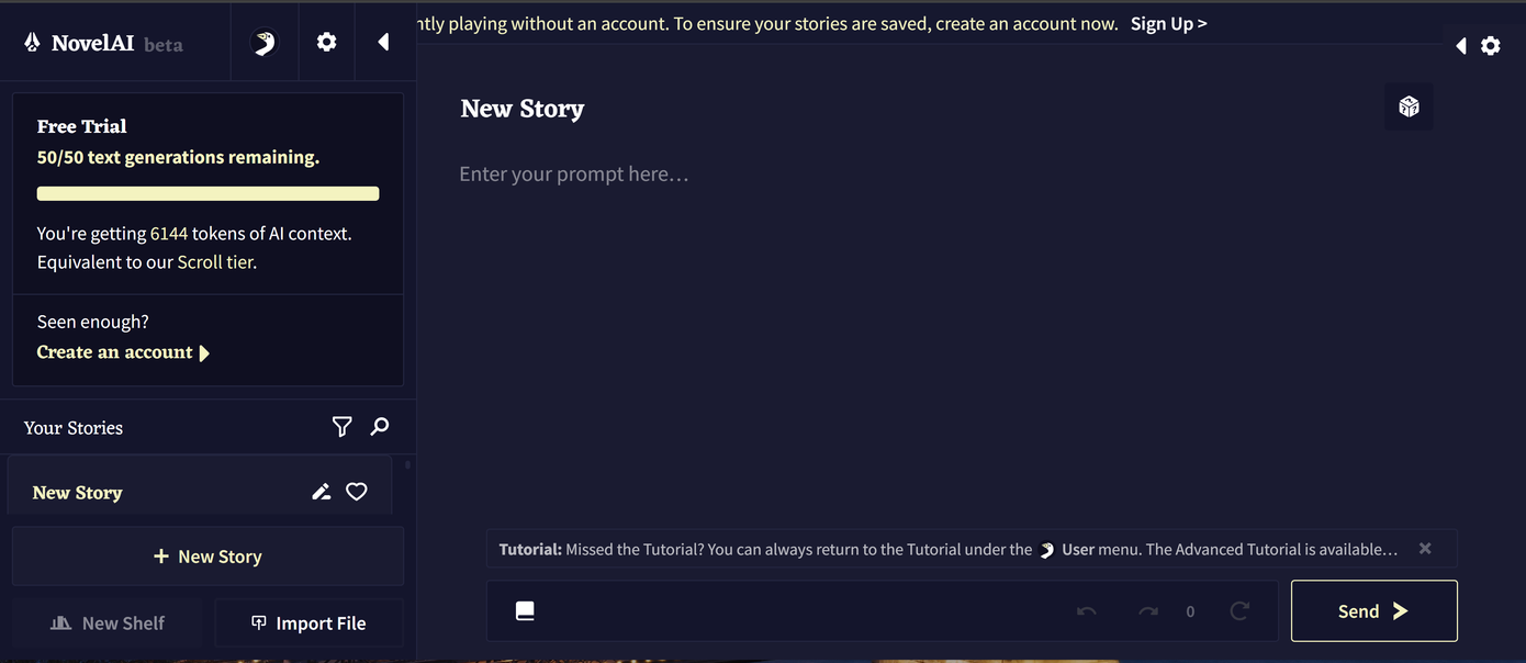 Giao diện sáng tác của NovelAI (Ảnh chụp màn hình). Giao diện sáng tác của NovelAI (Ảnh chụp màn hình).