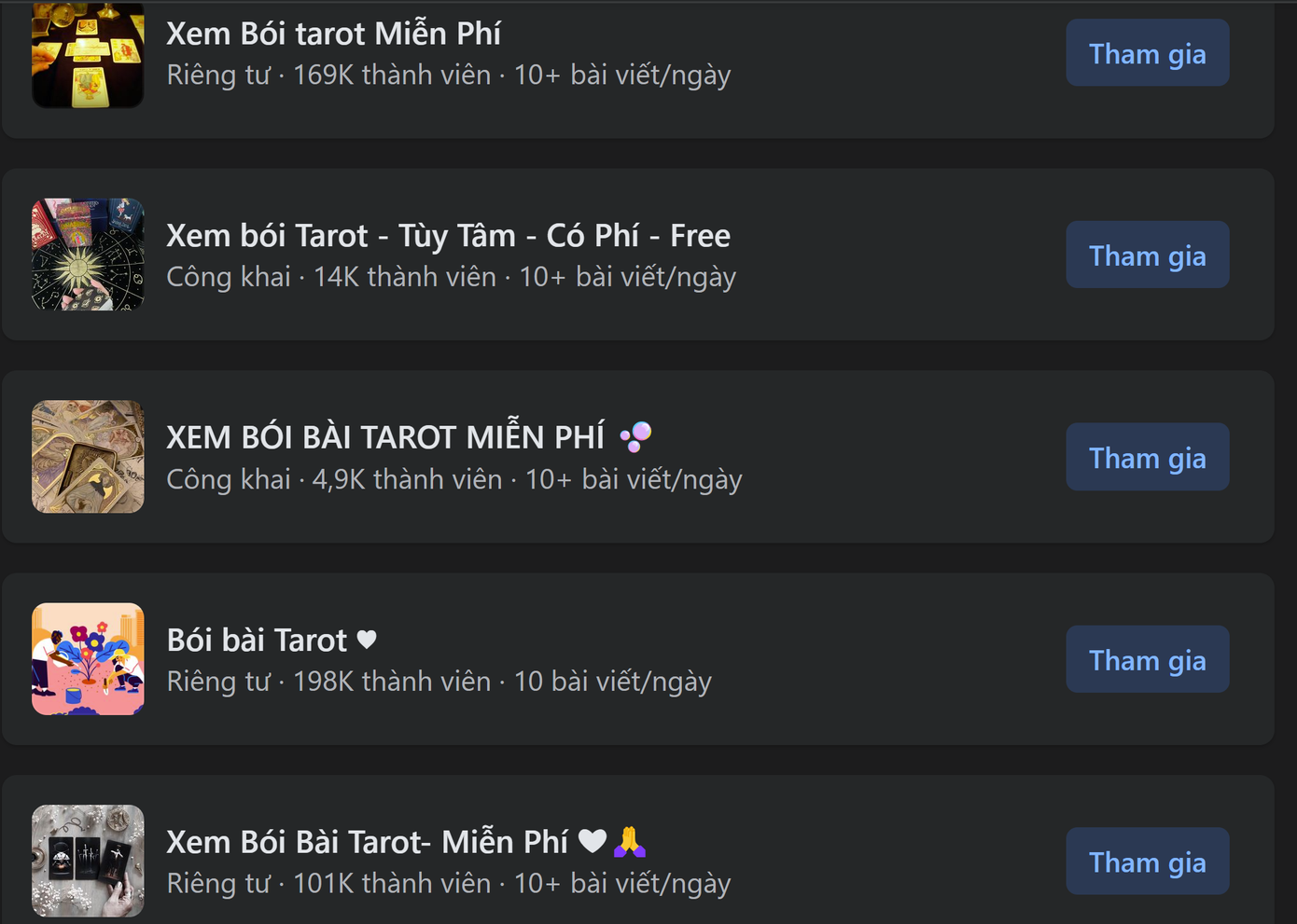 Rất nhiều hội nhóm về bói bài Tarot có lượng thành viên "khủng" trên mạng xã hội. (Ảnh chụp màn hình)