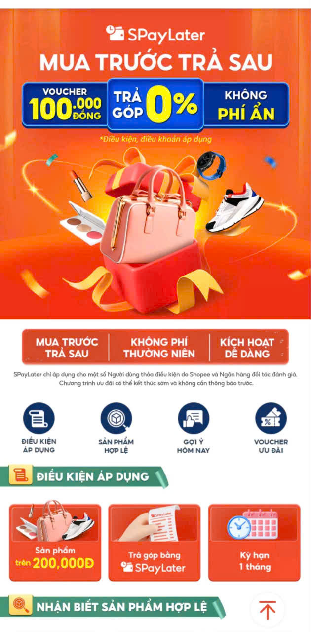 Sàn thương mại điện tử Shopee phối hợp với các ngân hàng để triển khai phương thức thanh toán trả góp "mua trước - trả sau" (Ảnh chụp màn hình).