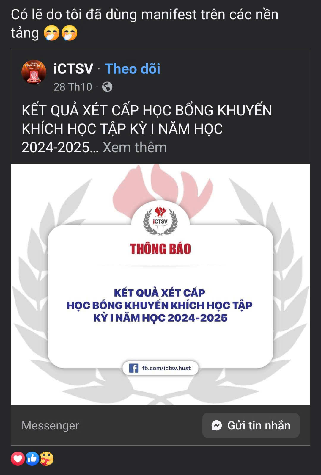 Một trường hợp manifesting học bổng thành công. (Ảnh chụp màn hình)