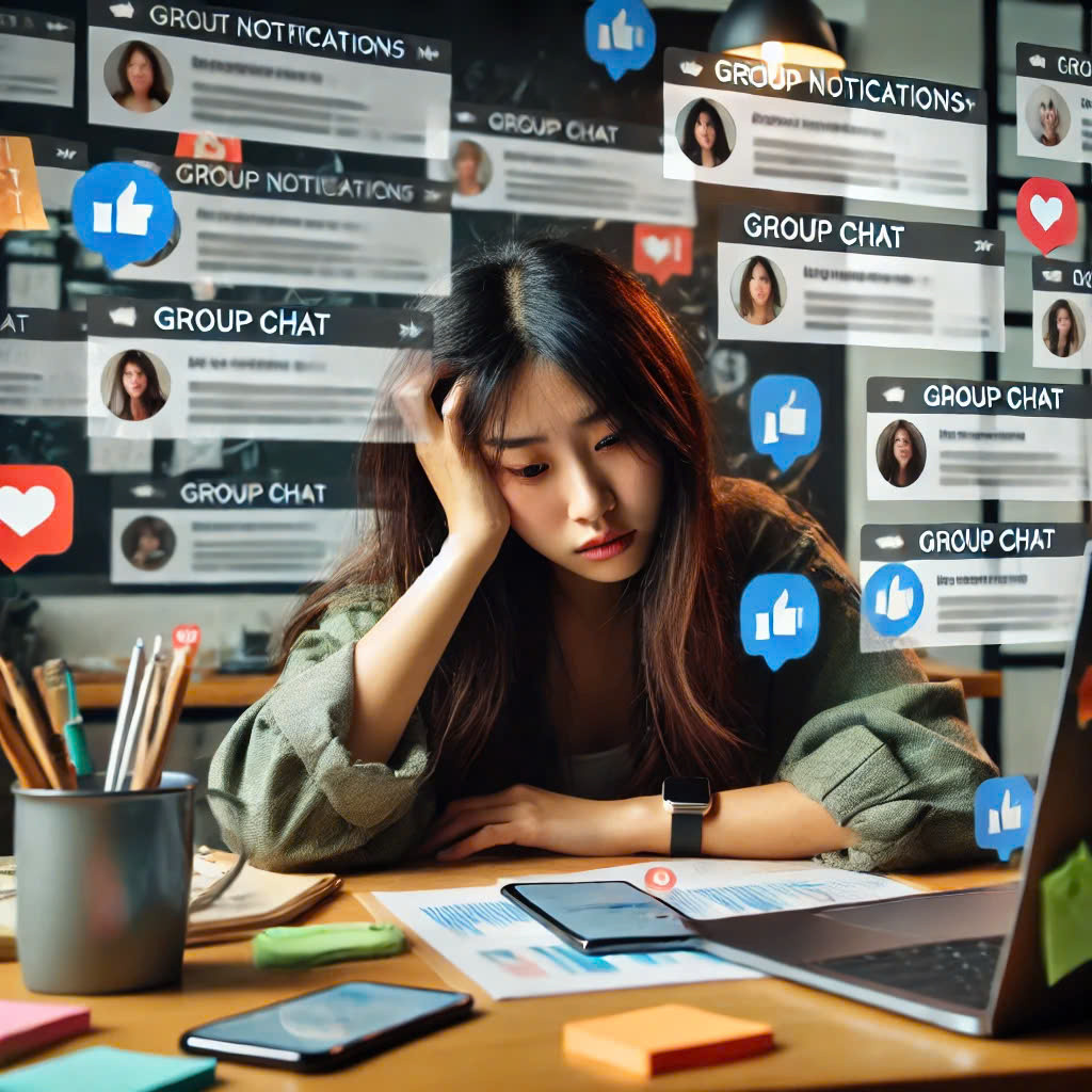 Chuyên gia cho rằng để tránh bị xao nhãng bởi những luồng tin nhắn liên tục có thể chọn chế độ ẩn hoặc im lặng hoặc rời nhóm khi cảm thấy không còn cần thiết. (Ảnh minh họa bởi AI).