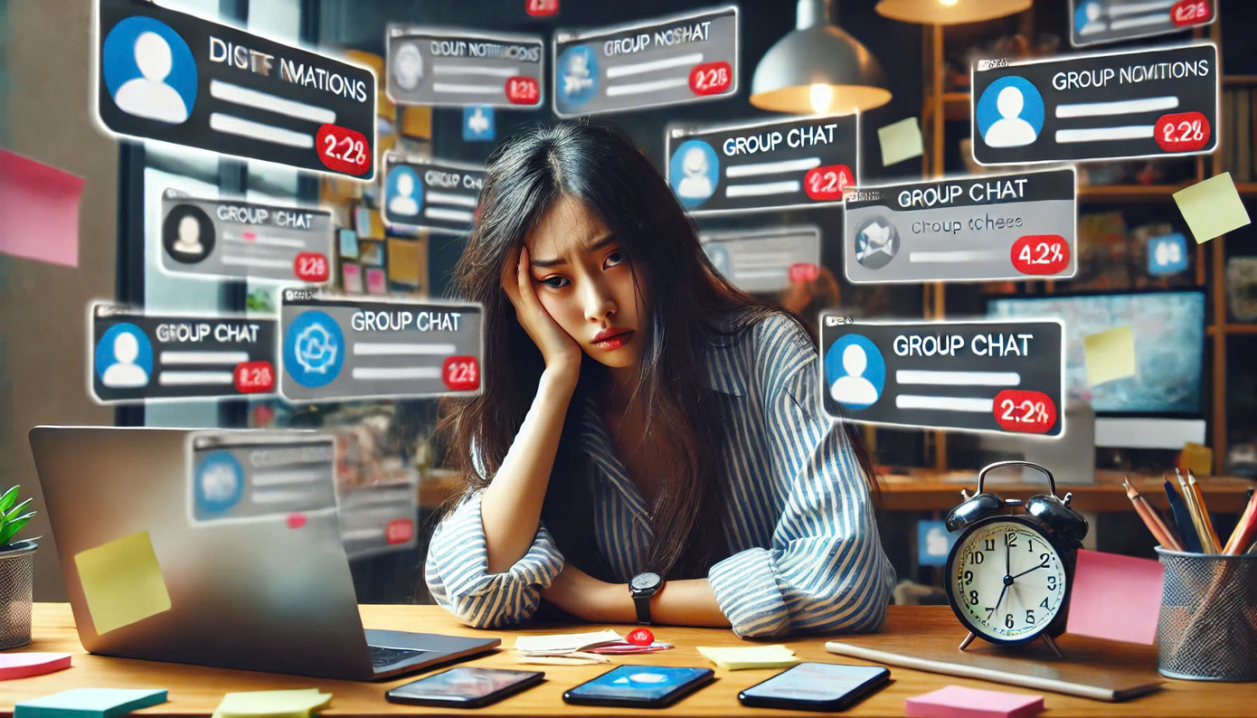 Bạn trẻ đau đầu vì là thành viên của hàng chục nhóm chat. (Ảnh minh họa bởi AI)