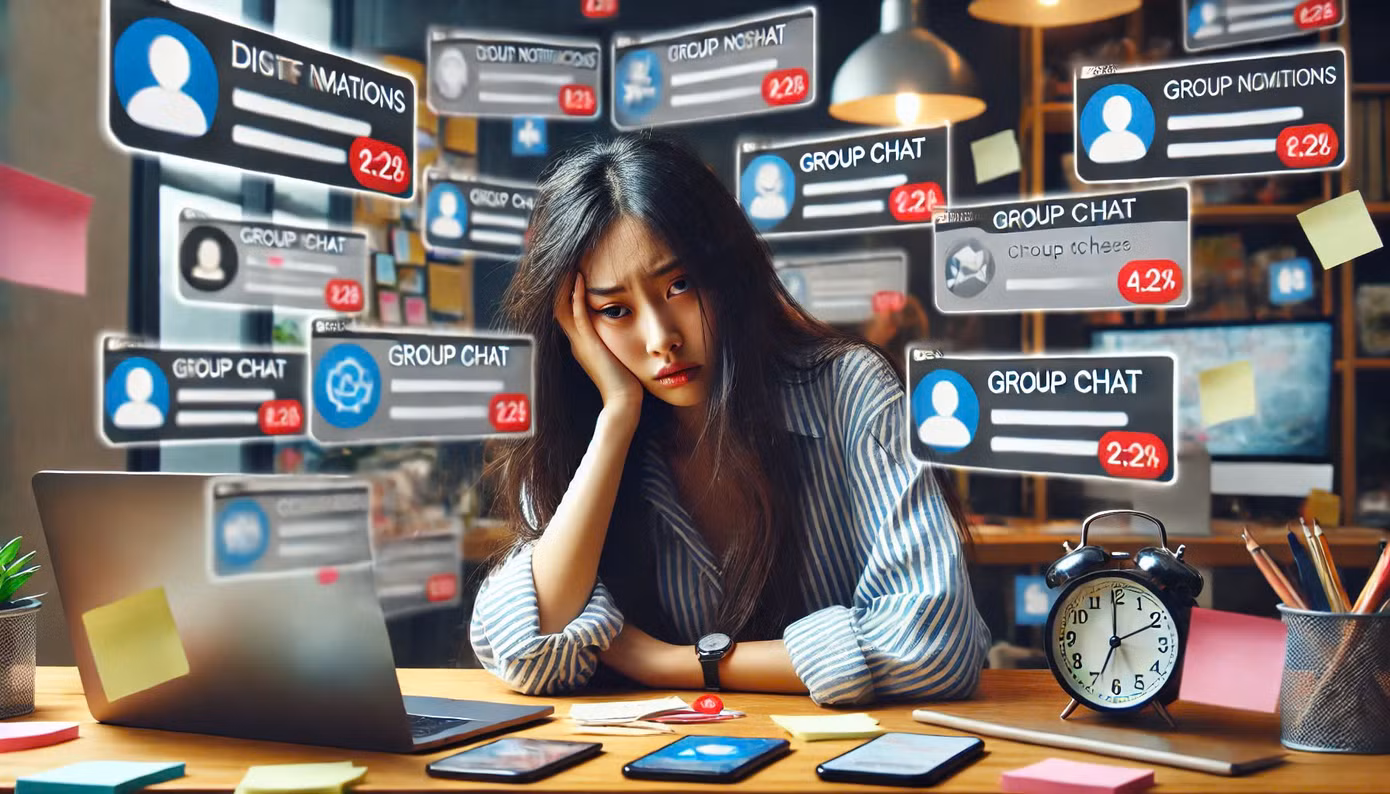 Bạn trẻ đau đầu vì là thành viên của hàng chục nhóm chat. (Ảnh minh họa bởi AI)