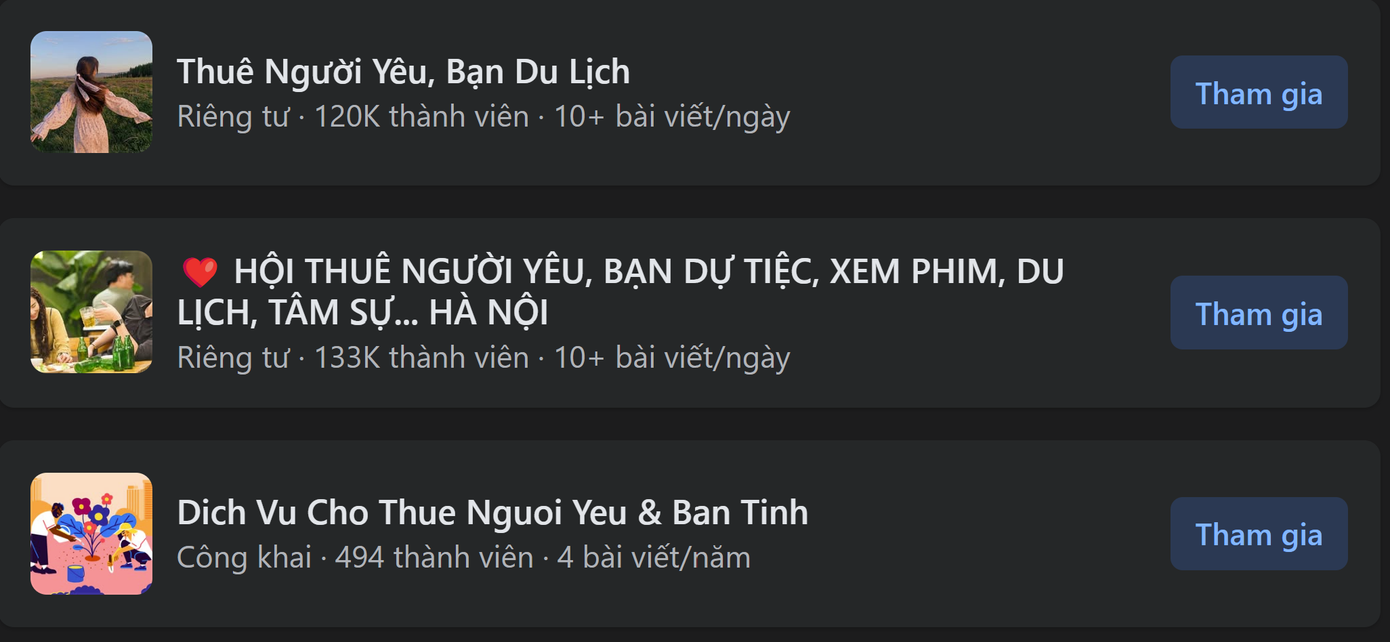 Các hội nhóm thuê người yêu trên nền tảng Facebook có lượng thành viên khủng lên tới hàng trăm nghìn. (Ảnh chụp màn hình) Các hội nhóm thuê người yêu trên nền tảng Facebook có lượng thành viên khủng lên tới hàng trăm nghìn. (Ảnh chụp màn hình)