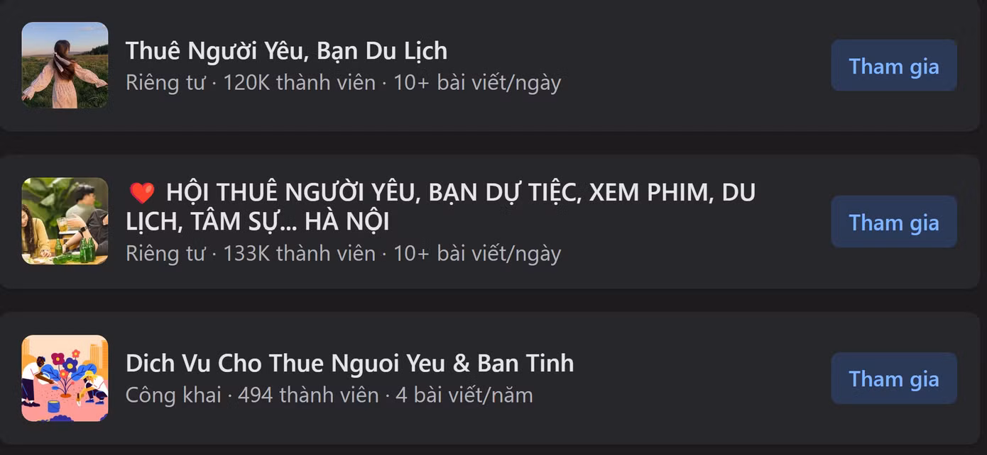 Các hội nhóm thuê người yêu trên nền tảng Facebook có lượng thành viên khủng lên tới hàng trăm nghìn. (Ảnh chụp màn hình)