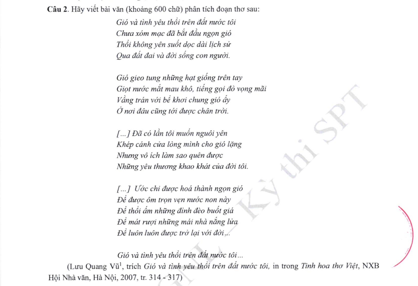 Đề thi minh họa môn Ngữ Văn kỳ thi SPT.