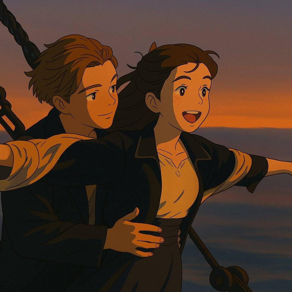 Cảnh nổi tiếng trong bộ phim Titanic được "hô biến" sang phong cách hoạt hình Ghibli. (Ảnh: Mạng xã hội)