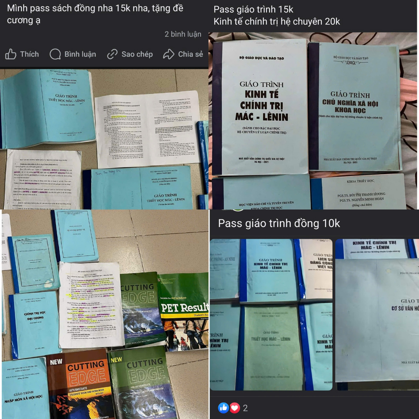 Giáo trình lậu được bán lại rẻ như cho trên các hội nhóm mạng xã hội. (Ảnh chụp màn hình)