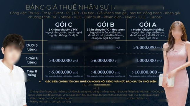 Bảng chi phí dịch vụ cho thuê người yêu của một công ty cung cấp dịch vụ có chi nhánh ở HN và TPHCM (Ảnh chụp màn hình). Bảng chi phí dịch vụ cho thuê người yêu của một công ty cung cấp dịch vụ có chi nhánh ở HN và TPHCM (Ảnh chụp màn hình).