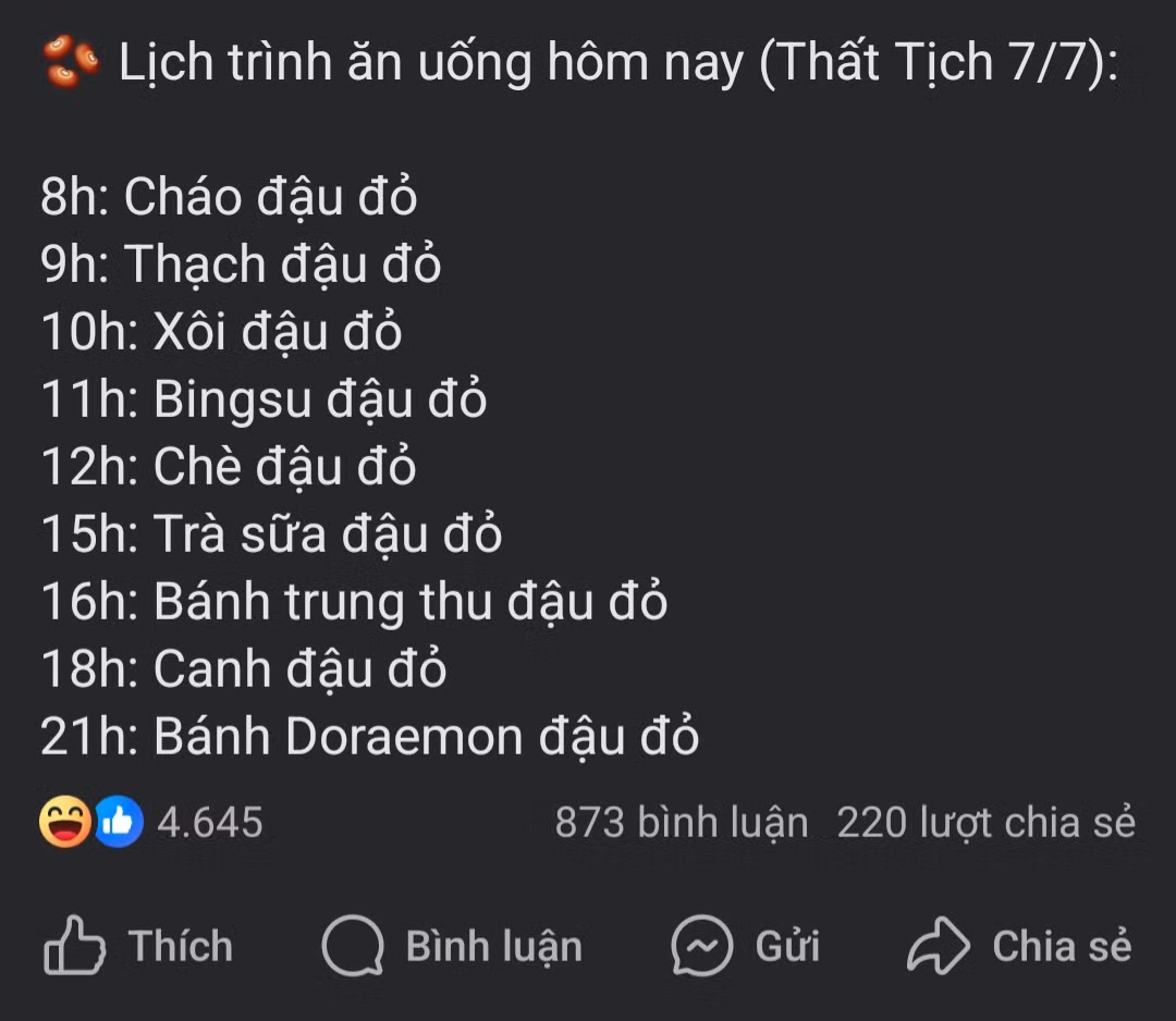 Một thực đơn đươc tích cực gợi ý trên mạng xã hội.