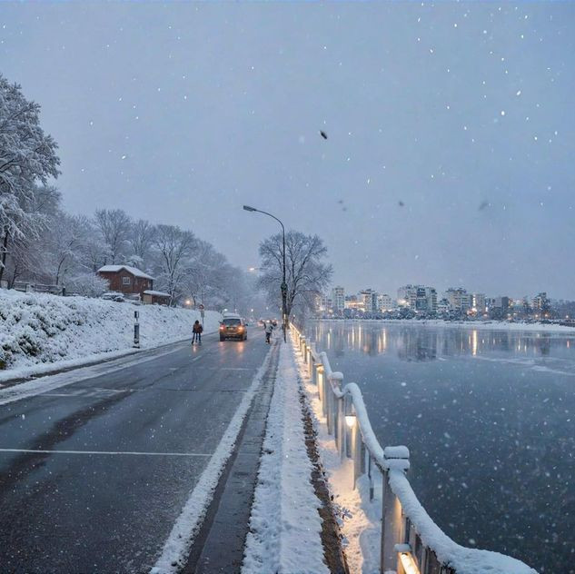 Những con đường quen thuộc nay được phủ trắng bởi lớp tuyết dày, mặt cỏ và lá cây hai bên đường như chìm trong mùa đông.