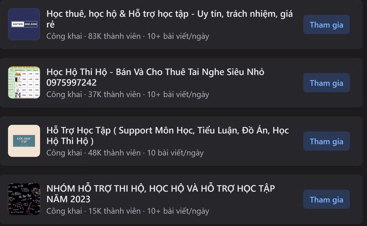 Rất nhiều nhóm "học hộ, thi hộ" trên Facebook với số lượng thành viên "khủng" lên tới hàng chục nghìn người.