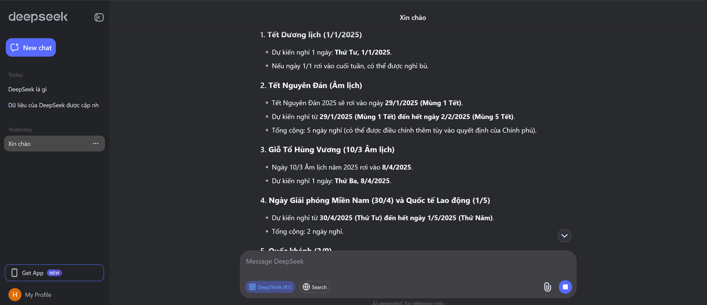 Thông tin về nghỉ lễ trên DeepSeek vẫn chưa chính xác. (Ảnh chụp màn hình) Thông tin về nghỉ lễ trên DeepSeek vẫn chưa chính xác. (Ảnh chụp màn hình)