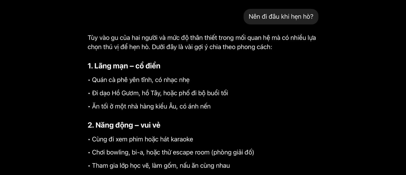 ChatGPT gợi ý 1 số địa điểm khi hẹn hò. (Ảnh chụp màn hình) ChatGPT gợi ý 1 số địa điểm khi hẹn hò. (Ảnh chụp màn hình)