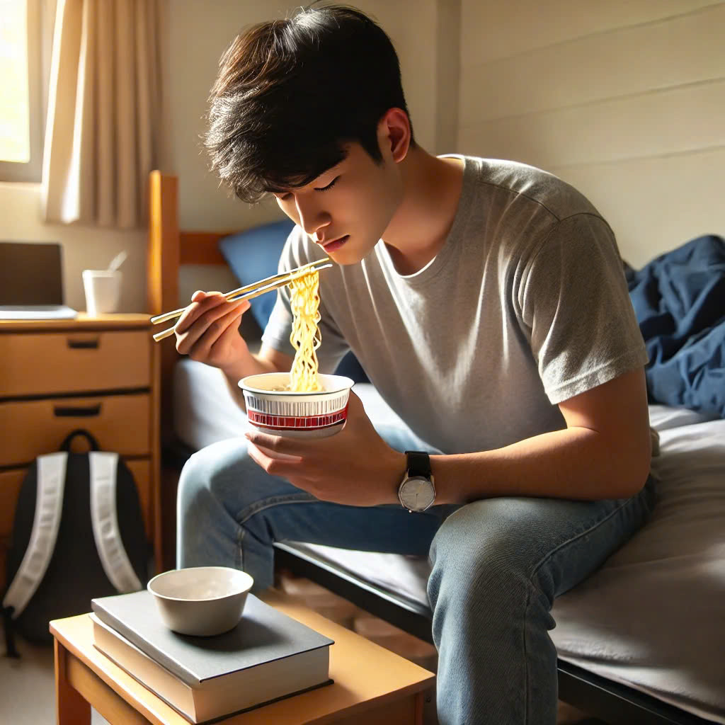 Mì gói, đồ ăn nhanh là lựa chọn phổ biến cho bữa sáng, bữa trưa của nhiều sinh viên. (Ảnh minh họa bởi AI) Mì gói, đồ ăn nhanh là lựa chọn phổ biến cho bữa sáng, bữa trưa của nhiều sinh viên. (Ảnh minh họa bởi AI)