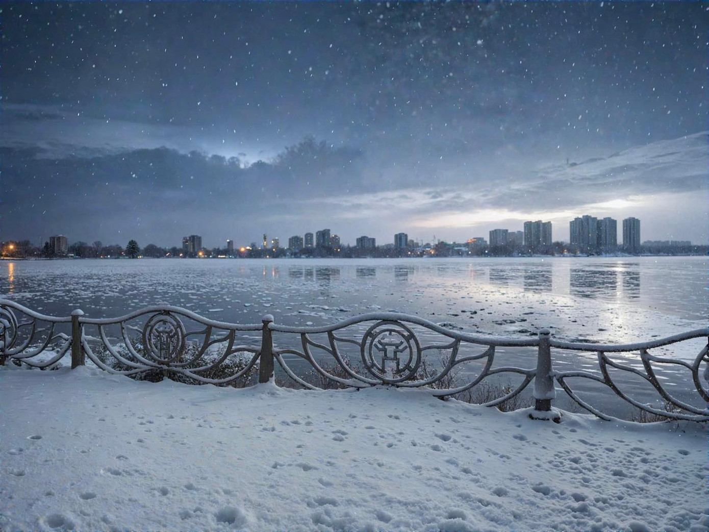 Hình ảnh quen thuộc của chiếc lan can xanh quanh hồ Tây giờ nổi bật giữa khung cảnh tuyết trắng lạnh lẽo, gợi nhớ đến một mùa đông &quot;Tây&quot; giữa lòng Hà Nội.