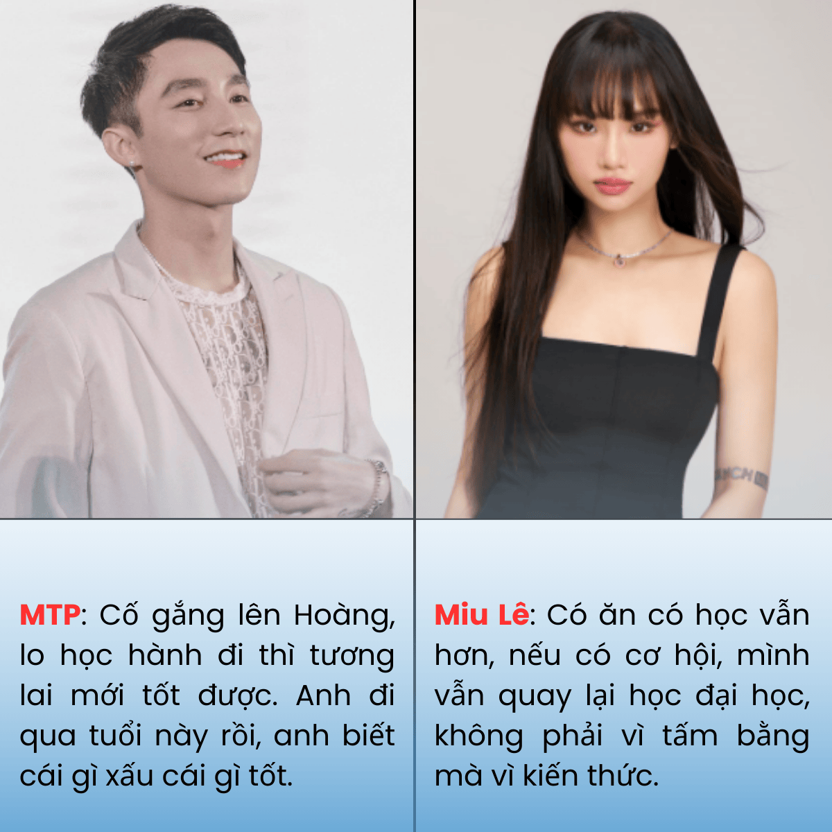Quan điểm về học đại học của Sơn Tùng MTP và Miu Lê.