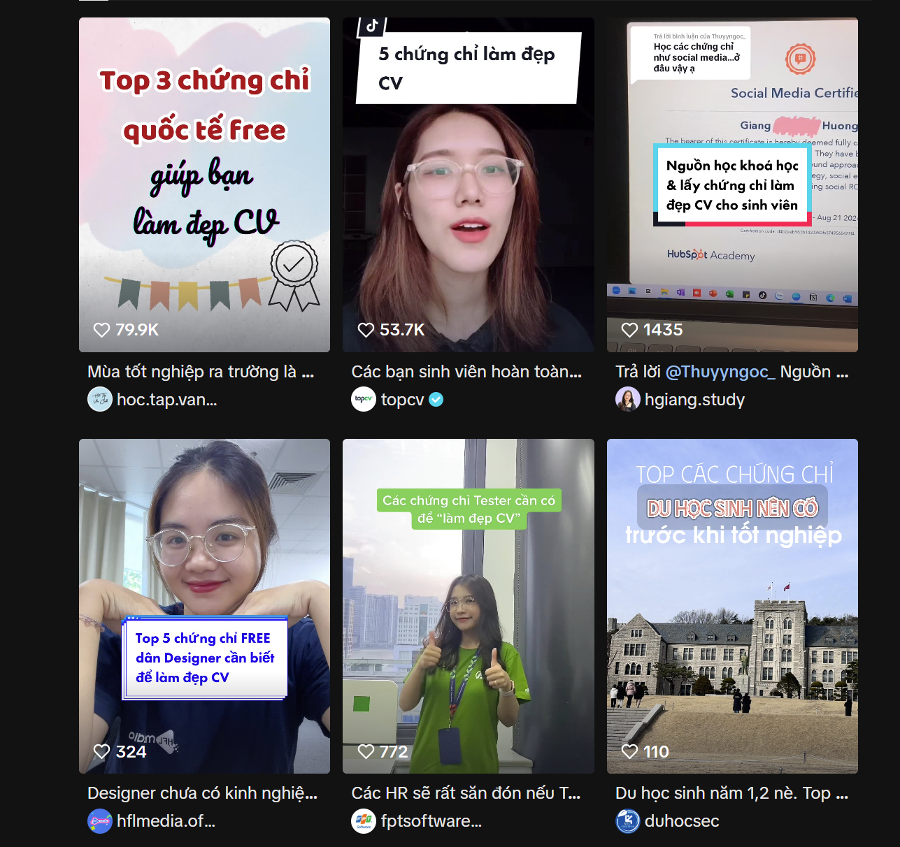 Các video với thông tin về các chứng chỉ bổ trợ thu hút hàng chục nghìn yêu thích trên nền tảng TikTok. (Ảnh: Chụp màn hình) Các video với thông tin về các chứng chỉ bổ trợ thu hút hàng chục nghìn yêu thích trên nền tảng TikTok. (Ảnh: Chụp màn hình)