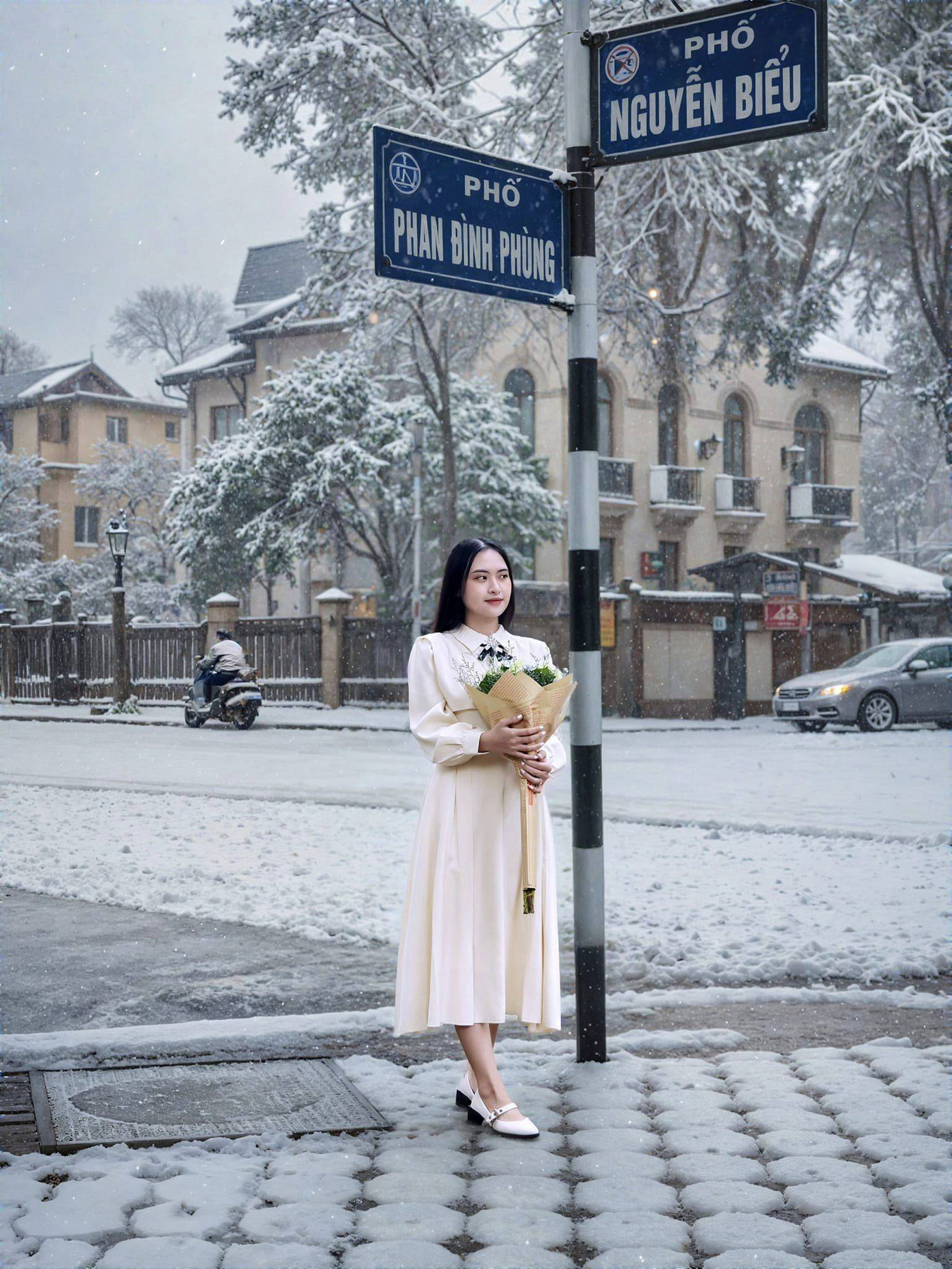 Hình ảnh &quot;nàng thơ&quot; check-in với tuyết tại con phố Phan Đình Phùng quen thuộc.
