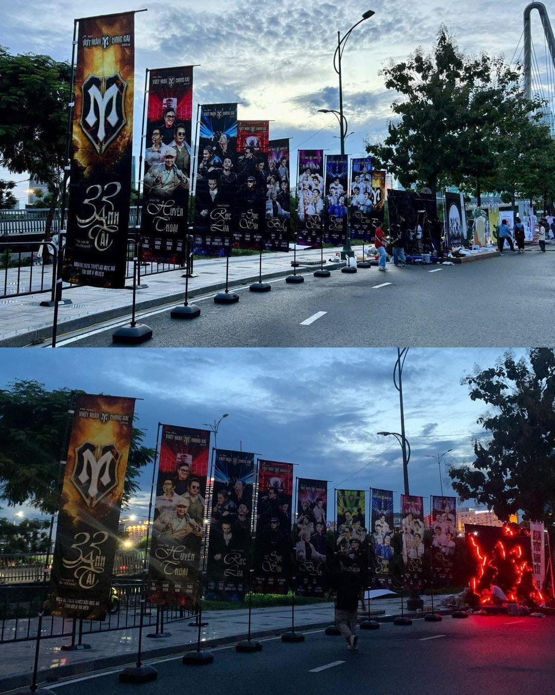 Banner quảng bá cho concert Anh Trai Vượt Ngàn Chông Gai được trưng bày dọc đường, thu hút sự chú ý với thiết kế ấn tượng.