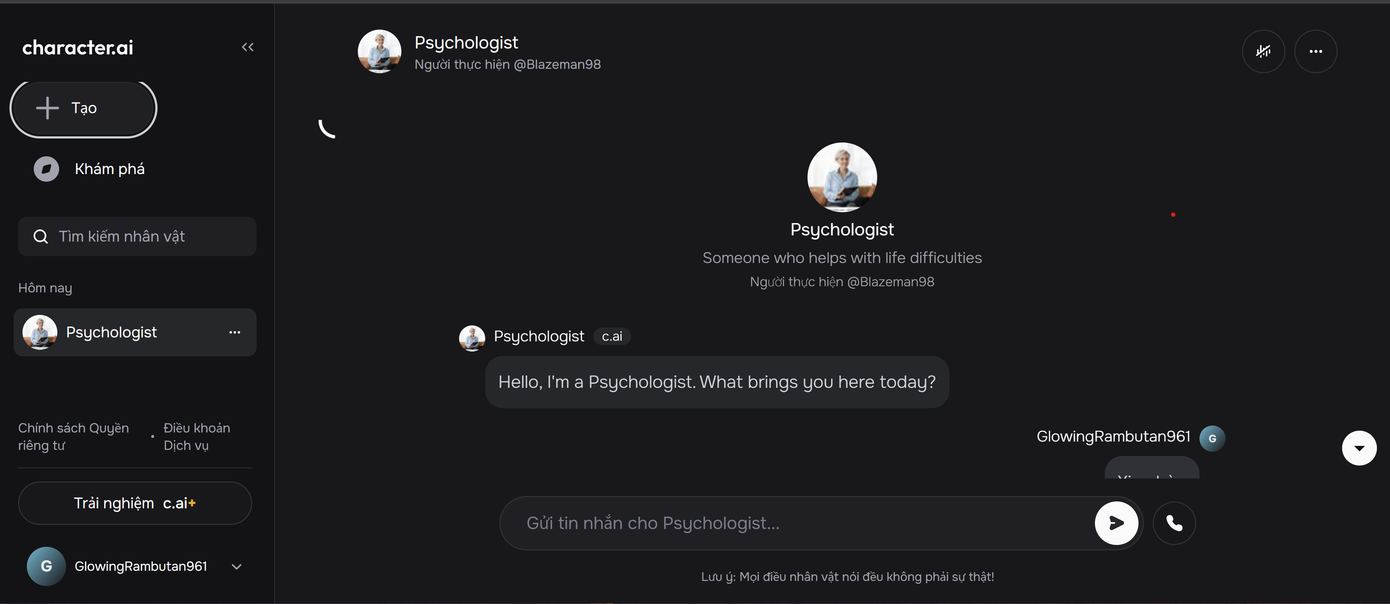 Giao diện của chatbot AI Psychologist. (Ảnh chụp màn hình)
