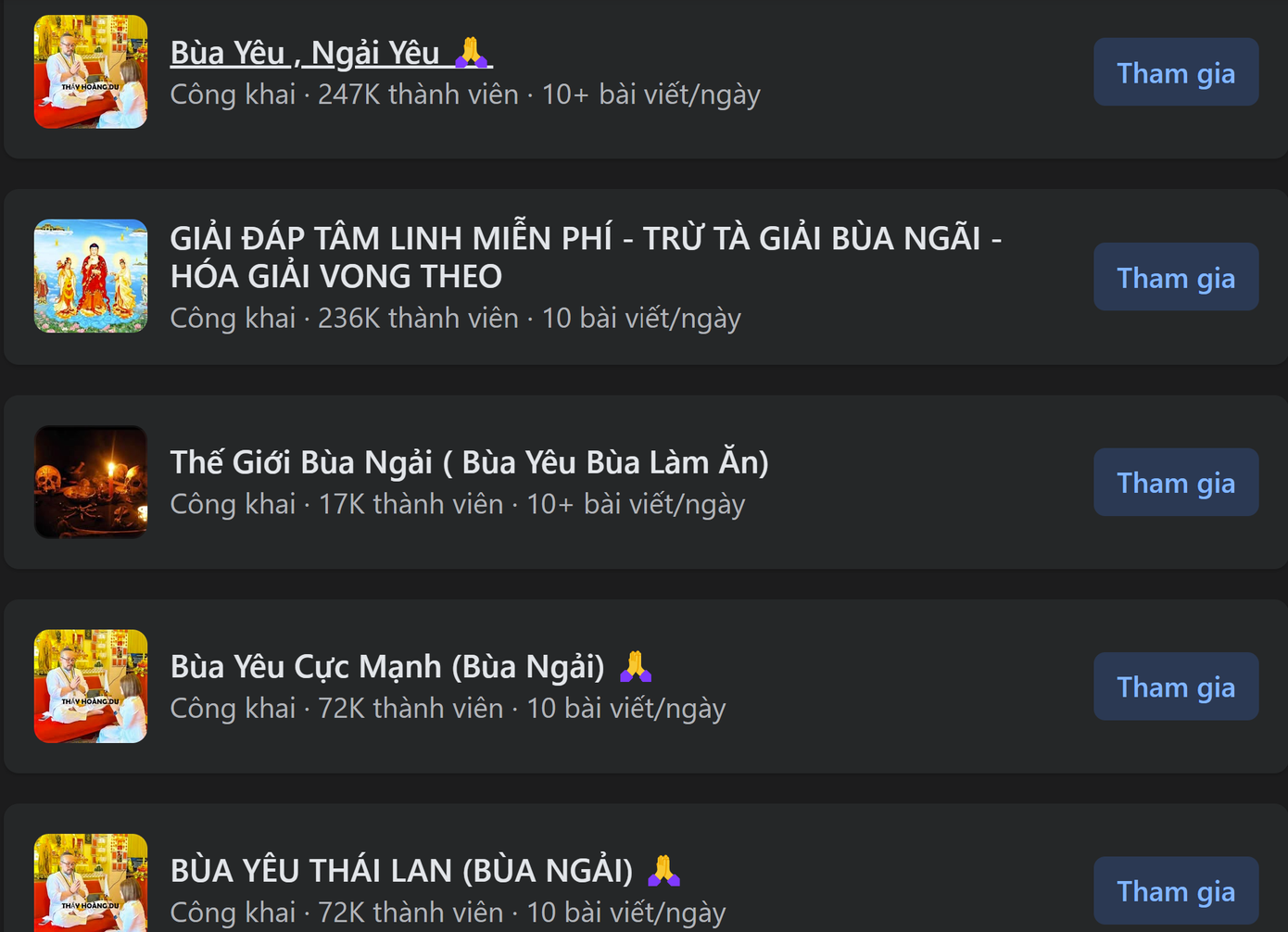 Hàng loạt những hội nhóm công khai buôn bán "bùa yêu trên mạng xã hội, thu hút hàng chục nghìn thành viên. (Ảnh chụp màn hình)