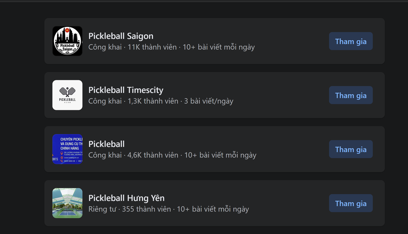Nhiều hội nhóm về pickleball với con số lên tới hàng trăm, nghìn thành viên. (Ảnh màn hình)