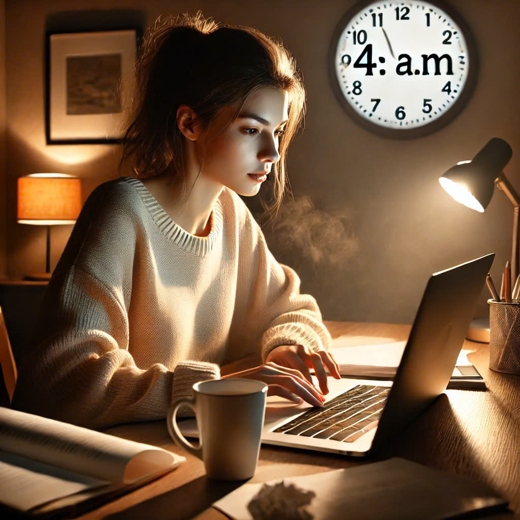 Nhiều bạn trẻ hiện nay hy sinh thời gian nghỉ ngơi để làm việc đến 3-4 giờ sáng. (Ảnh minh họa bởi AI).