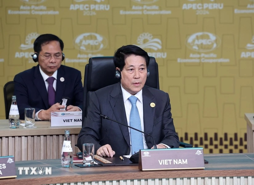 Trong chương trình tham dự Tuần lễ cấp cao Diễn đàn Hợp tác kinh tế châu Á-Thái Bình Dương (APEC) 2024 tại Thủ đô Lima, Peru, sáng 15/11/2024 (giờ địa phương, đêm 15/11 giờ Việt Nam), Chủ tịch nước Lương Cường dự và phát biểu tại Đối thoại không chính thức giữa các nhà lãnh đạo APEC với khách mời. (Ảnh: Lâm Khánh/TTXVN)