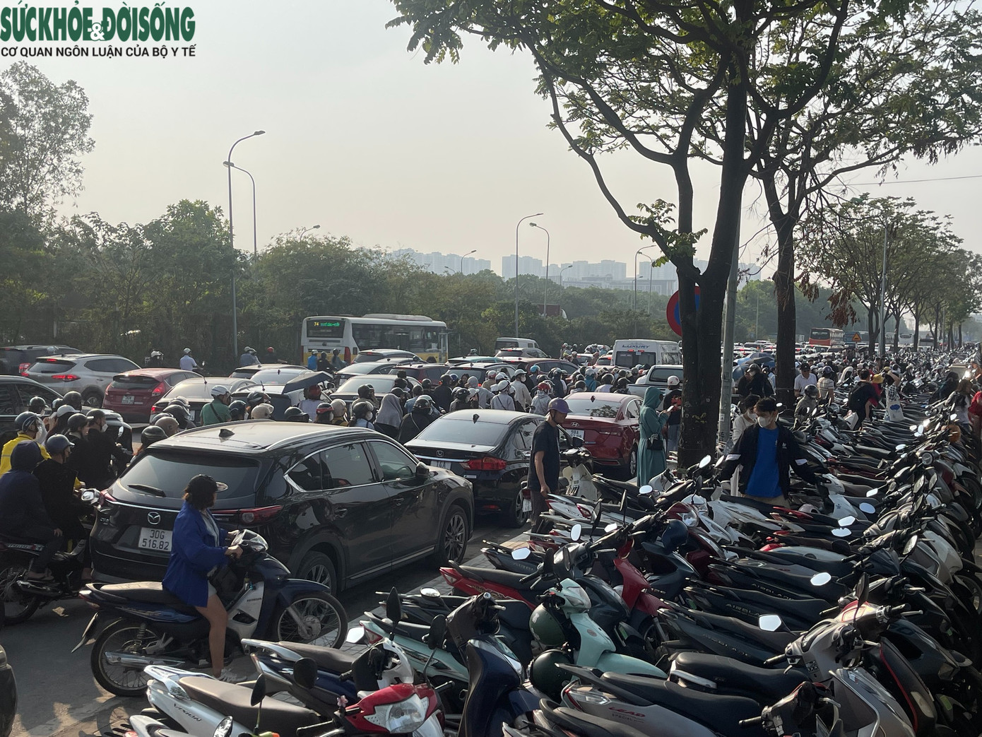 Nhiều bãi để xe của Bảo tàng trong tình trạng chật kín chỗ. Đoạn đường gom đại lộ Thăng Long trước Bảo tàng xảy ra ùn tắc kéo dài.