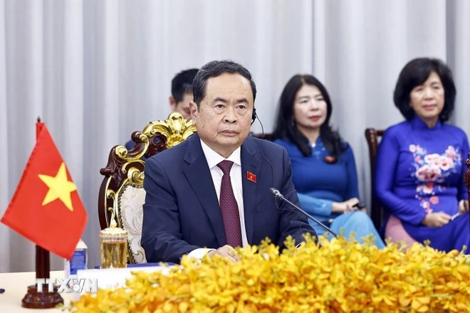 Chủ tịch Quốc hội Trần Thanh Mẫn phát biểu tại cuộc hội đàm với Chủ tịch Quốc hội Campuchia Samdech Khuon Sudary. (Ảnh: Doãn Tấn/TTXVN)